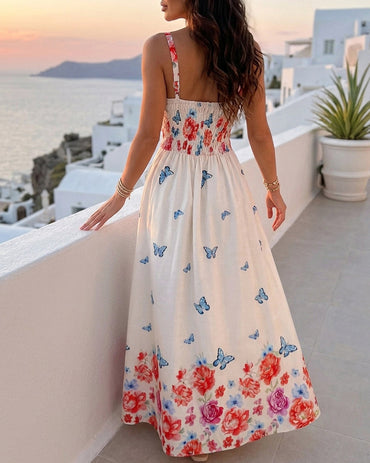 Women's Floral Butterfly Placement Print Cami Dress Shirred Back Sleeveless Vacation Sundress Casual Beach Maxi Dress
