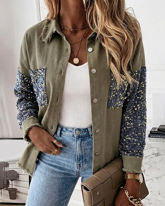 Women's Sequin Patchwork Denim Jacket Raw Hem Button Down Coat Long Sleeve Shacket with Pockets