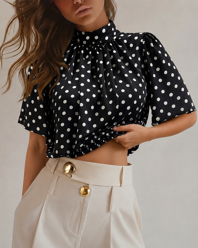 Women's Mock Neck Chiffon Blouse Polka Dot Ruched Elegant Flared Sleeve Top Casual Office Commute Shirt