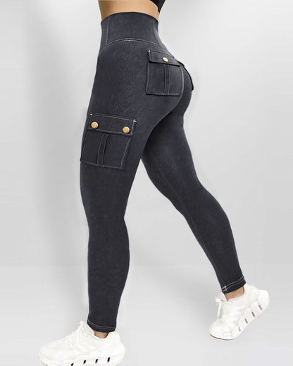 High Waist Tummy Control Butt Lifting Denim Look Leggings Stretchy Yoga Pants with Flap Pockets