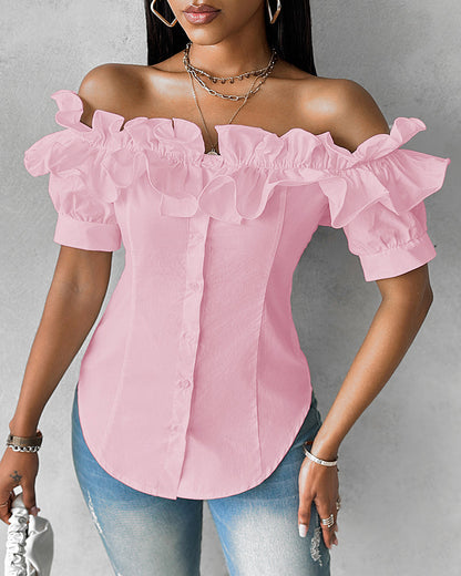 Ruffles Off Shoulder Short Sleeve Button Front Blouse Asymmetrical Hem Top