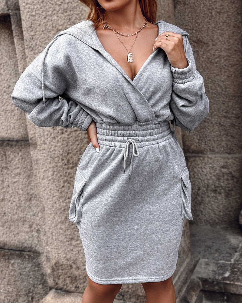 Overlap V-Neck Drop Shoulder Cinched Waist Drawstring Hoodie Dress Casual Flap Cargo Pockets Design Drawstring Elastic Waist Midi Dress