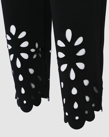 Floral Hollow Out Asymmetrical Hem Elastic Waist Skinny Pants