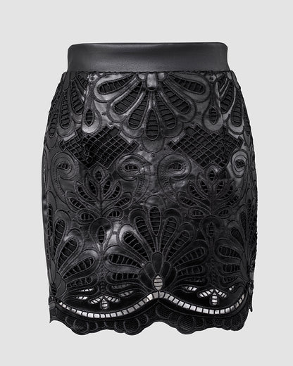 PU Leather Hollow-out Pattern Zipper Back Bodycon Skirt