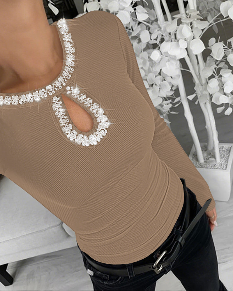 Rhinestone Decor Keyhole Neck Hollow Water Drop Ribbed Top Long Sleeve Slim Fit Layering Top