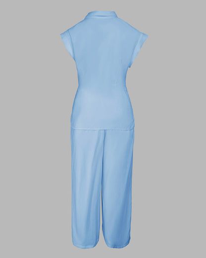 2 Pieces Outfit Turn-down Collar Cap Sleeve Button Front Tied Detail Top and Casual Zipper Fly Elastic Back Waist Wide-Leg Pants Set
