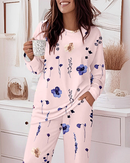 2 Pieces Outfit Floral Print Long Sleeve Drop Shoulder Top and Elastic Waist Pants Sets Casual Pajamas Set