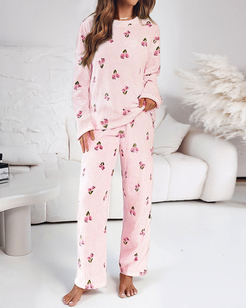 2 Pieces Outfit Floral Print Round Neck Drop Shoulder Top and Elastic Waist Pants Set Casual Ribbed Flannel Pajamas Set