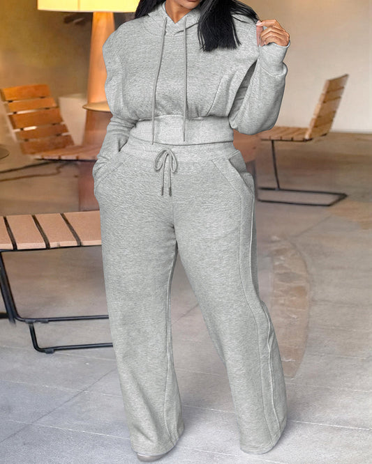 2 Pieces Outfit Long Sleeve Crop Drawstring Hoodie Sweatshirt With Thumb Hole Cuffs And Casual Drawstring Elastic Waist Wide Leg Sweatpants Set