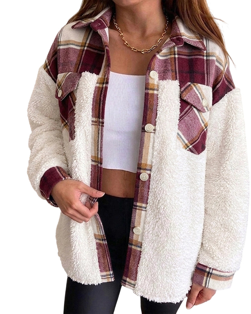CHICMELIVE Women's Fleece Jacket Plaid Patchwork Sherpa Shacket