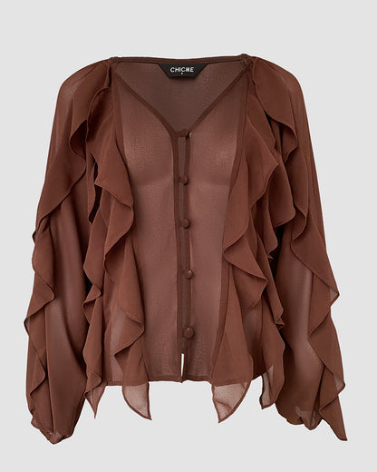 V Neck Shoulder Ruffles Design Blouse Casual Button Front Long Sleeve Top