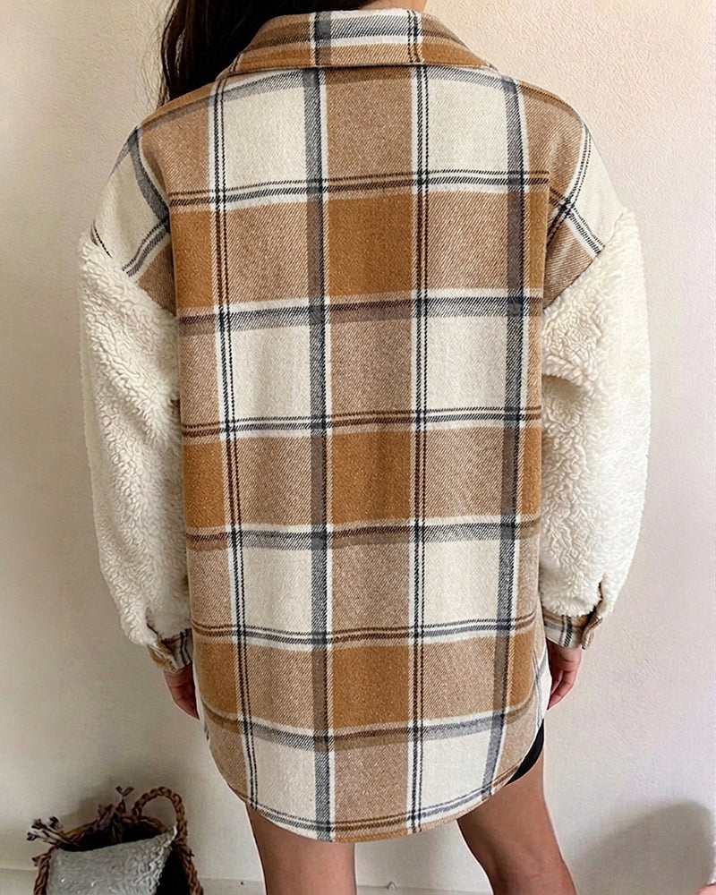 CHICMELIVE Women's Fleece Jacket Plaid Patchwork Sherpa Shacket
