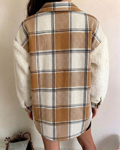 CHICMELIVE Women's Fleece Jacket Plaid Patchwork Sherpa Shacket