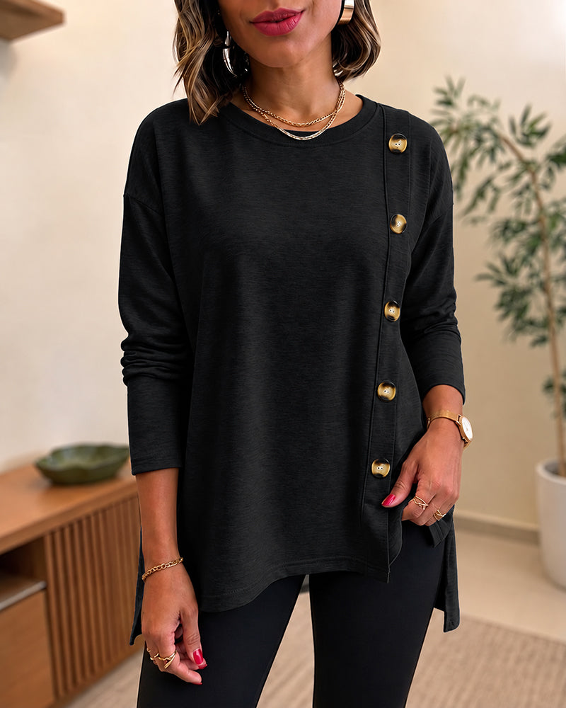 CHICMELIVE Womens Long Sleeve Tops with Buttons Dressy Casual Crewneck Shirts