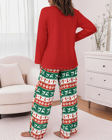 2 Pieces Outfit Reindeer Print Long Sleeve Drop Shoulder Top and Christmas Print Colorblock Elastic Waist Pants Set Casual Pajamas Set