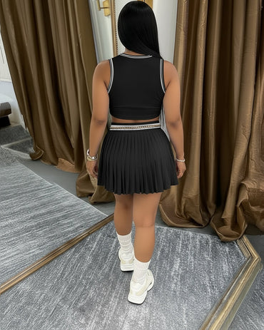 2 Pieces Outfit Round Neck Sleeveless Crop Tank Top and Elastic Waist Pleated Mini Skirt Set Casual Contrast Paneled Set