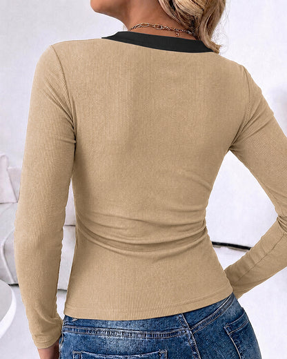 CHICMELIVE Women's Ribbed Long Sleeve Shirts Contrast Crewneck Fitted Basic Tee