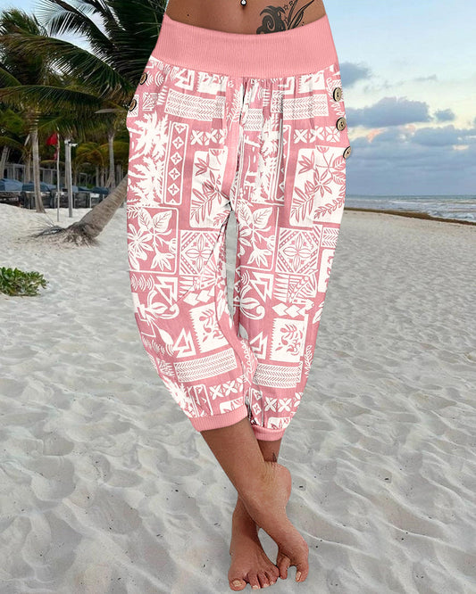Plants Print Low Waist Wooden Button Decor Capris Pants Vacation Pants with Pockets