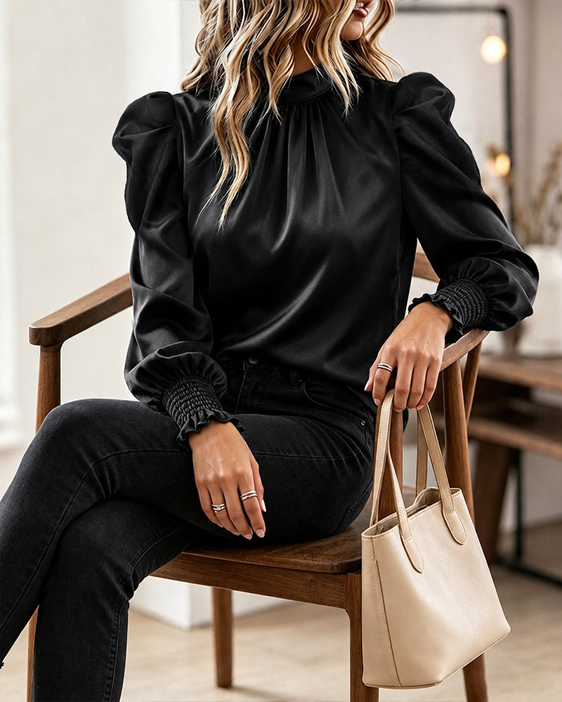 Women's Satin Blouse Mock Neck Puff Sleeve Shirt Back Tie Bow Elegant Ruched Shirt Shirred Frill Cuff Work Top