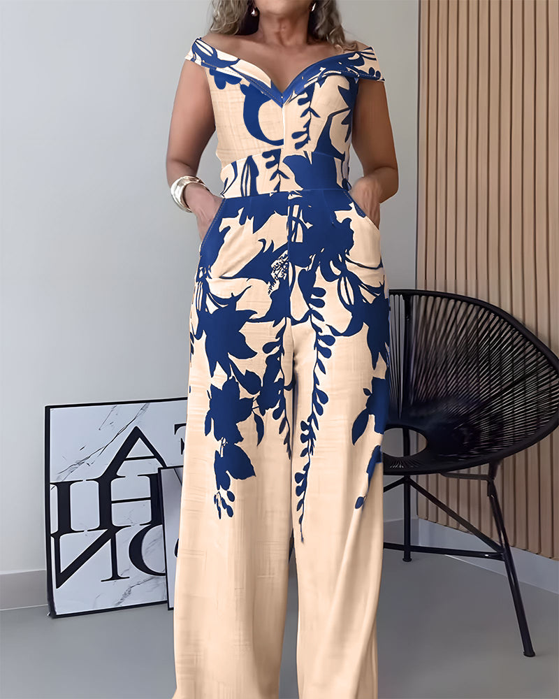 Floral Print Off Shoulder Sleeveless Deep V-Neck Jumpsuit Casual Zipper Side Wide Leg Jumpsuit