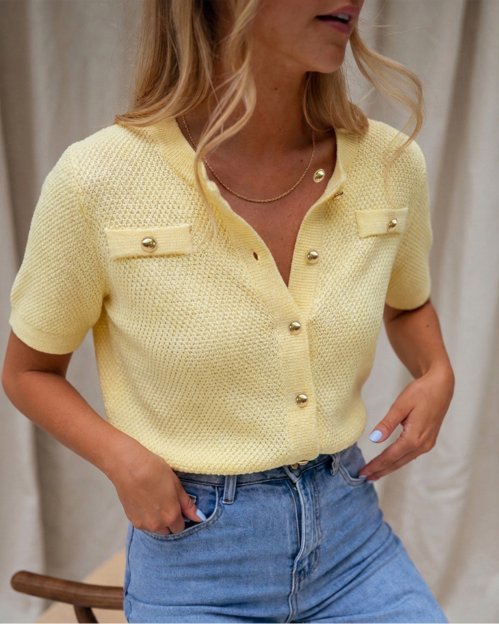 Women's Hollow Out Knit Cardigan Short Sleeve Gold Button Sweater Casual Loose Knitwear Top