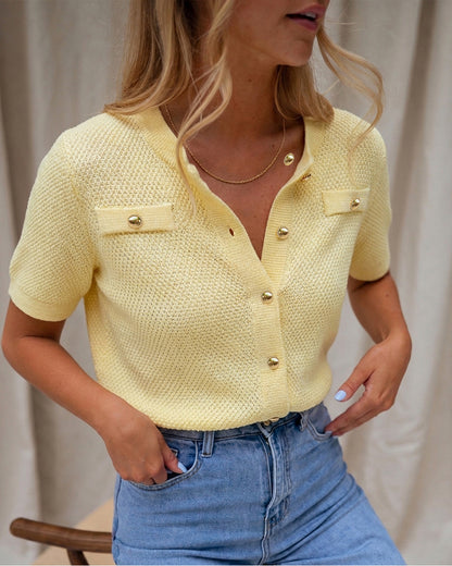 Women's Hollow Out Knit Cardigan Short Sleeve Gold Button Sweater Casual Loose Knitwear Top
