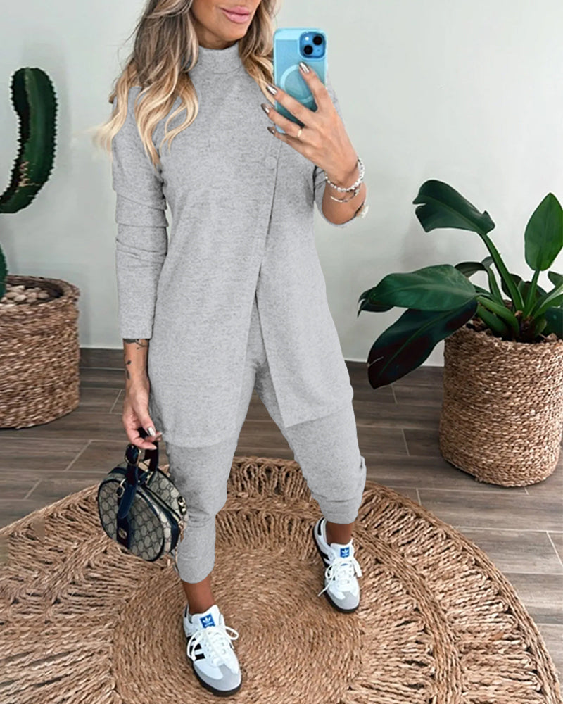 2 Pieces Outfit Mock Neck Long Sleeve Button Decor Slit Mid-Length Top and Stretchy Drawstring High Waist Slim Fit Pants Set