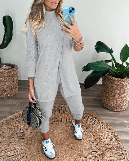 2 Pieces Outfit Mock Neck Long Sleeve Button Decor Slit Mid-Length Top and Stretchy Drawstring High Waist Slim Fit Pants Set