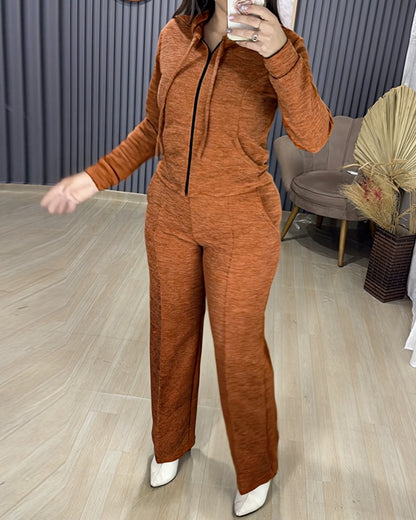 2 Pieces Outfit Long Sleeve Zip Up Drawstring Hoodie Coat and Casual Elastic Waist Seam Front Wide Leg Pants Set