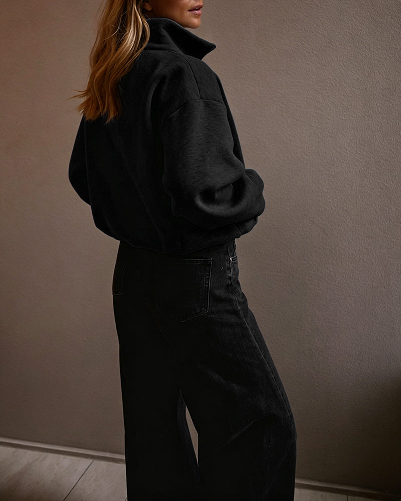 Women's Two-Way Zipper Front Stretchy Hem Coat Stand Collar Drop Shoulder Sweatshirt with Pockets