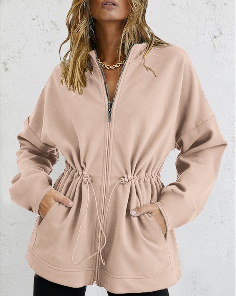 Long Sleeve Waist Drawstring Hooded Coat Casual Loose Fit Cardigan Jacket with Pockets