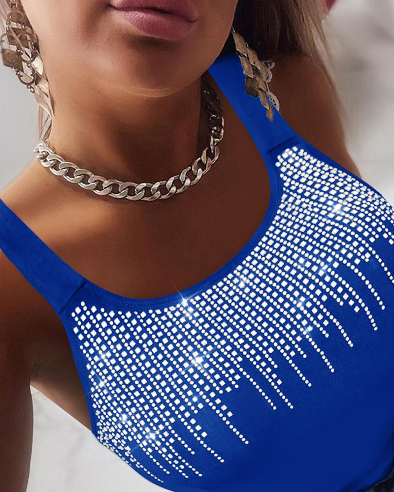 Round Neck Rhinestone Decor Skinny Tank Top