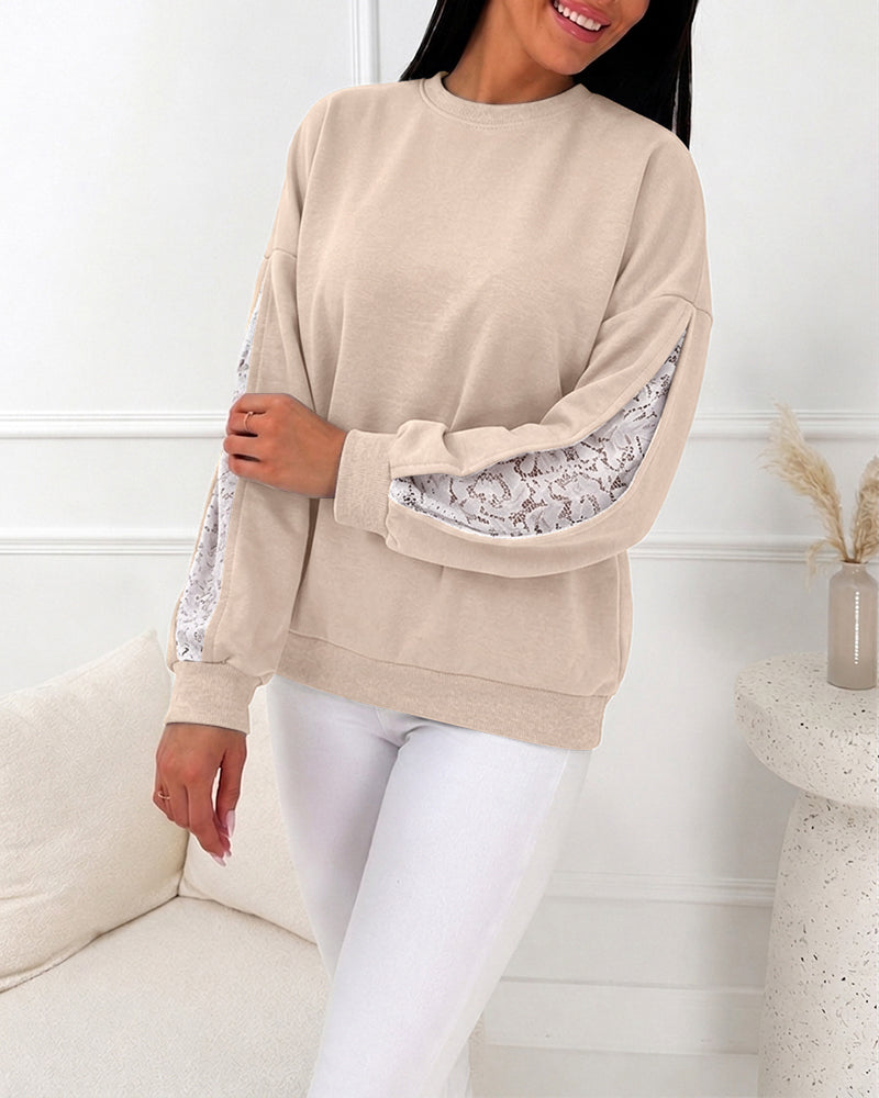 CHICMELIVE Oversized Sweatshirt for Women Lace Sleeve Cutout Fall Pullover