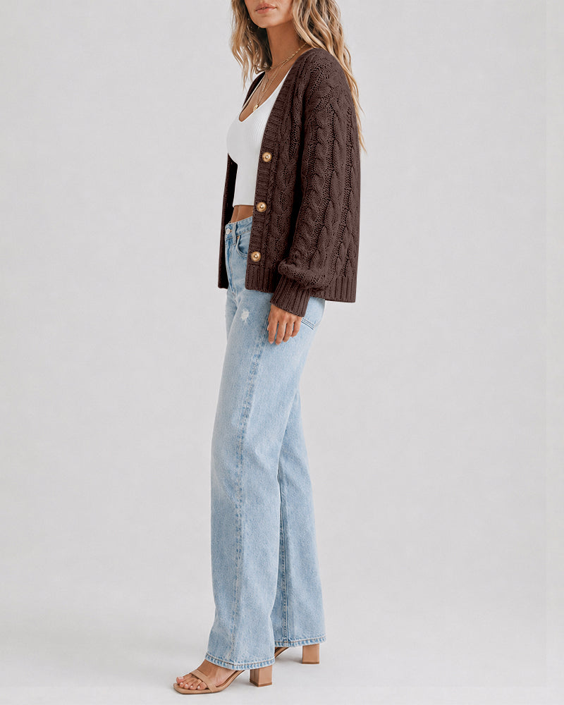Women's Cable Knit Cardigan V Neck Button Down Chunky Knit Sweater Loose Lantern Sleeve Warm Outerwear