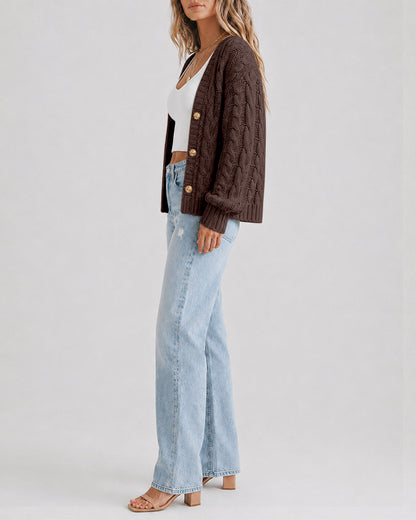 Women's Cable Knit Cardigan V Neck Button Down Chunky Knit Sweater Loose Lantern Sleeve Warm Outerwear