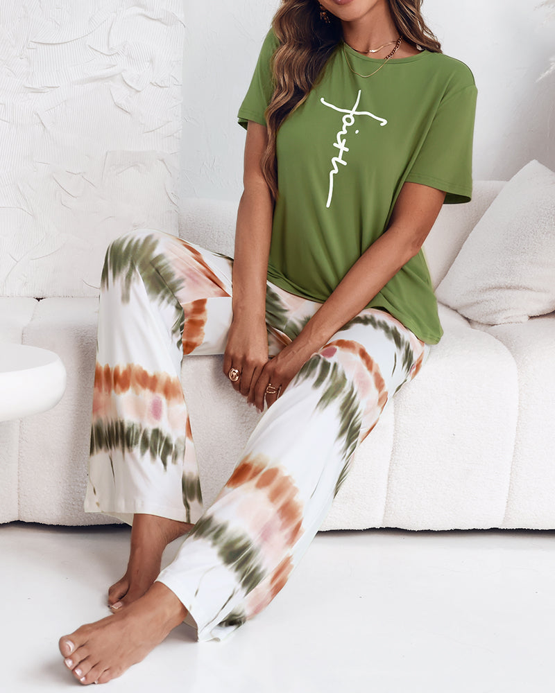 2 Pieces Outfit Letter print Round Neck Short Sleeve Top and Tie Dye Print Elastic Waist Loose Fit Pants Set Casual Pajamas Set