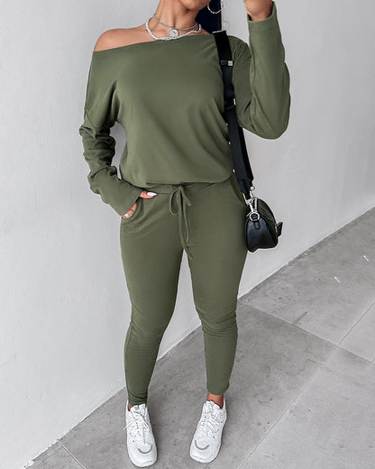 2 Pieces Outfit Long Sleeve Skew Neck Pullover Top and Drawstring Elastic Waist Slim Fit Pants Set