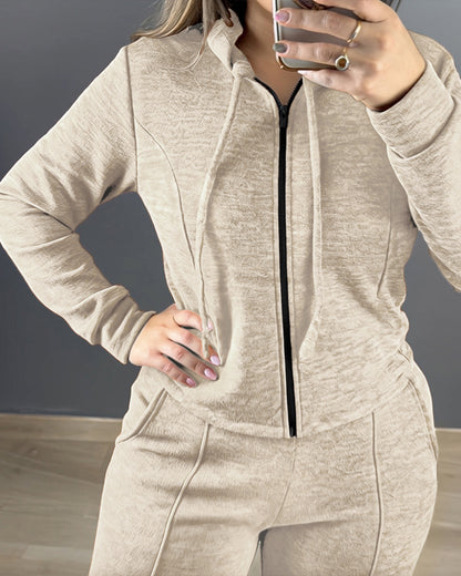 2 Pieces Outfit Long Sleeve Zip Up Drawstring Hoodie Coat and Casual Elastic Waist Seam Front Wide Leg Pants Set