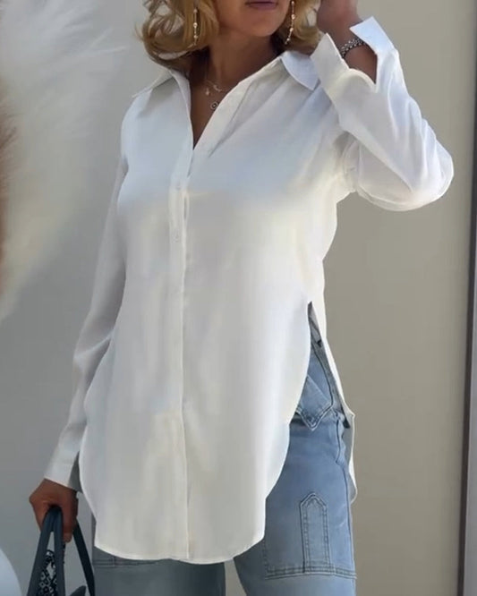 Turn-down Collar Roll Up Sleeve Button Front Shirt Casual Side Slit Curved Hem Top