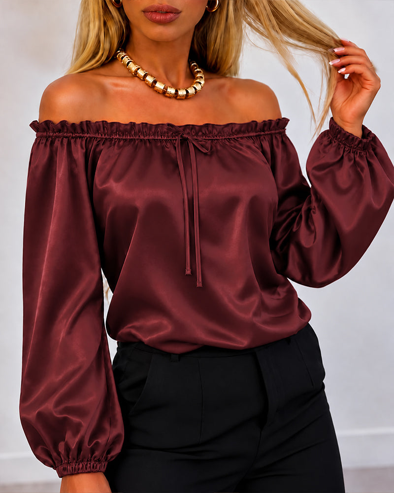 CHICMELIVE Off Shoulder Satin Tops Women Ruffle Tie Front Blouse