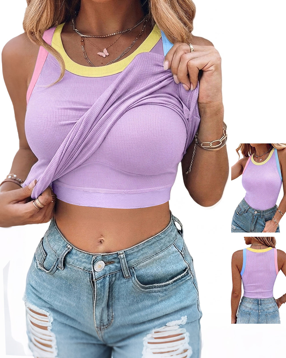 CHICMELIVE Womens Sleeveless Ribbed Built in Bra Tank Top-Lighted Blue-X-Large