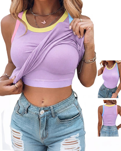 CHICMELIVE Womens Sleeveless Ribbed Built in Bra Tank Top-Lighted Blue-X-Large