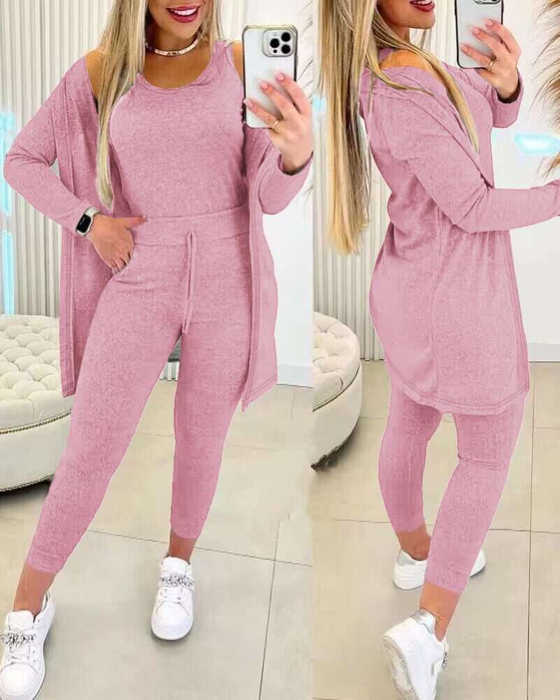 3 Piece Lounge Set Crewneck Sleeveless Tank Top Long Sleeve Open Front Coat Pants Sweatsuit