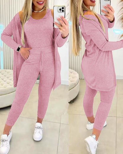 3 Piece Lounge Set Crewneck Sleeveless Tank Top Long Sleeve Open Front Coat Pants Sweatsuit