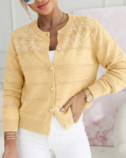 CHICMELIVE Womens Pearl Beaded Knit Cardigan Long Sleeve Cropped Sweater