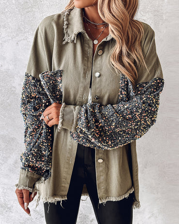 Casual Jacket Sequin Patchwork Long Sleeve Jacket Top Button Front Raw Hem Oversized Denim Shacket