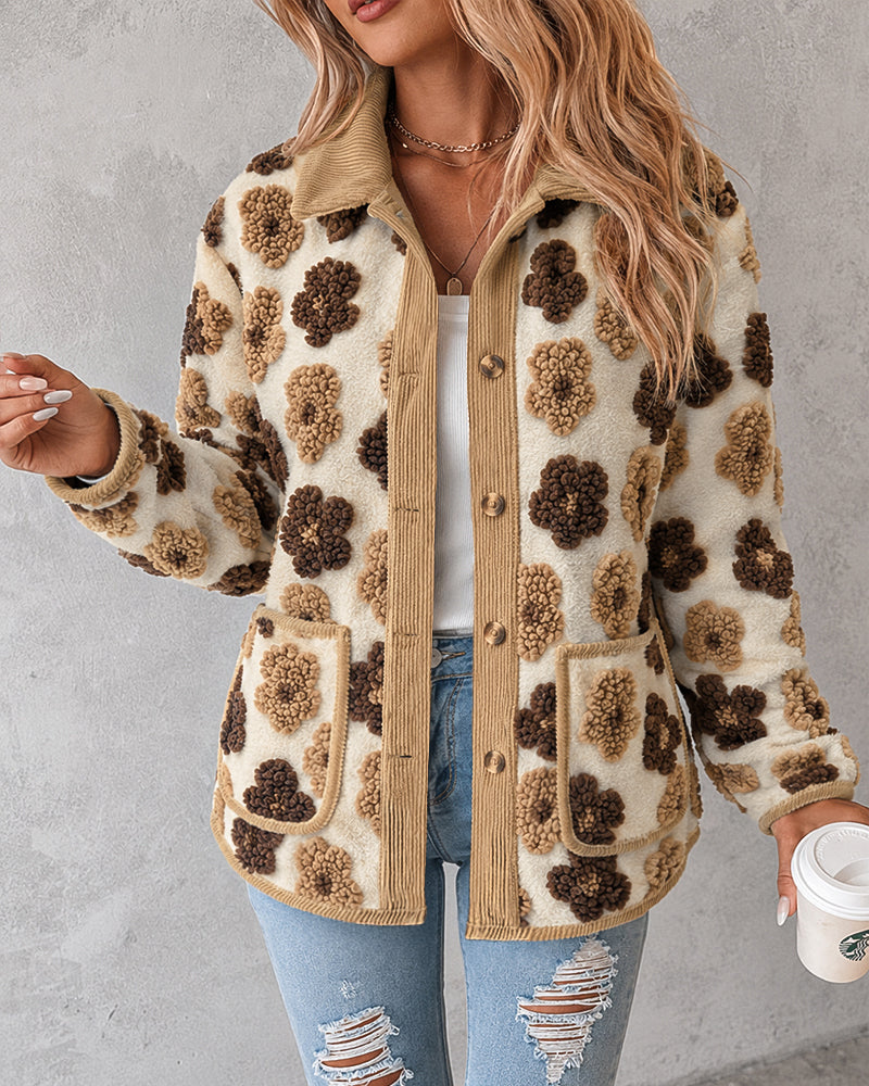 CHICMELIVE Women's Soft Floral Sherpa Jacket Corduroy Button Down Coat