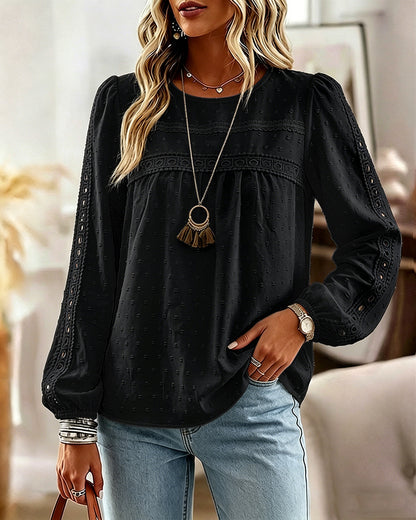 Women's Hollow-Out Lace Spliced Lantern Sleeve Top Elegant 3D Jacquard Chiffon Blouse for Work and Daily Wear