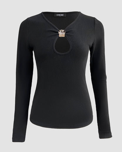 Metal Decor V-Neck Long Sleeve Sexy Hollow-out Slim Fit Top