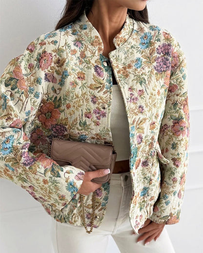 Women's Vintage Floral Jacquard Jacket Elegant Stand Collar Snap Button Loose Fit Coat